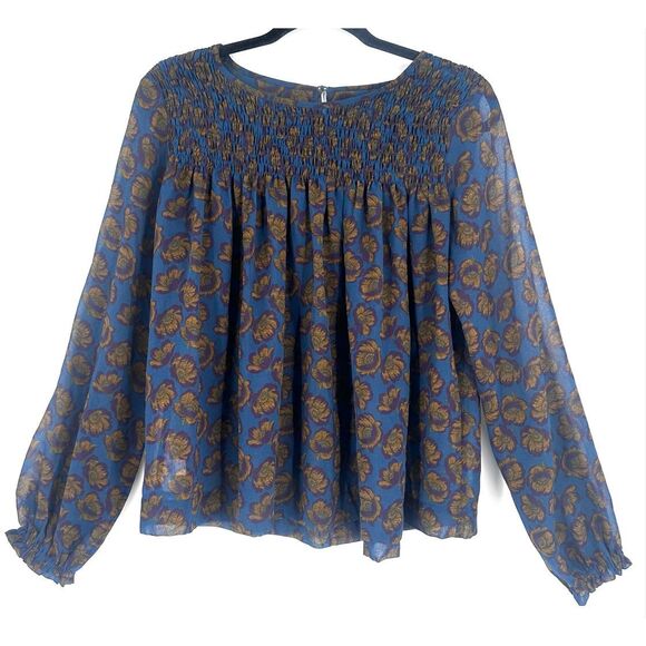 LOFT XS Floral Smocked Blouse Blue Mustard Purple Yoke Keyhole EUC‎ Flowy Fall - Picture 9 of 9